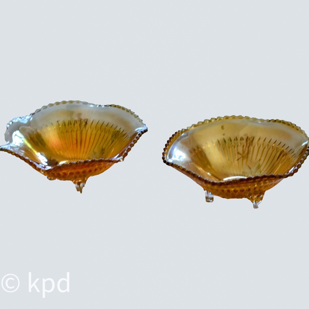 Marigold Carnival Glass Bowls – 3-Footed, Beaded Rim – Set of 2 – 6”